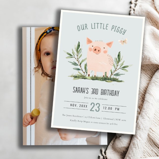 Invitation Cute Blue Petit Cochon Enfants Ferme Cochon Photo  (Créateur téléchargé)