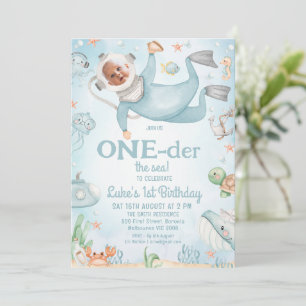 Invitation Cute Blue Scuba Diver Oneder Mer 1er anniversaire