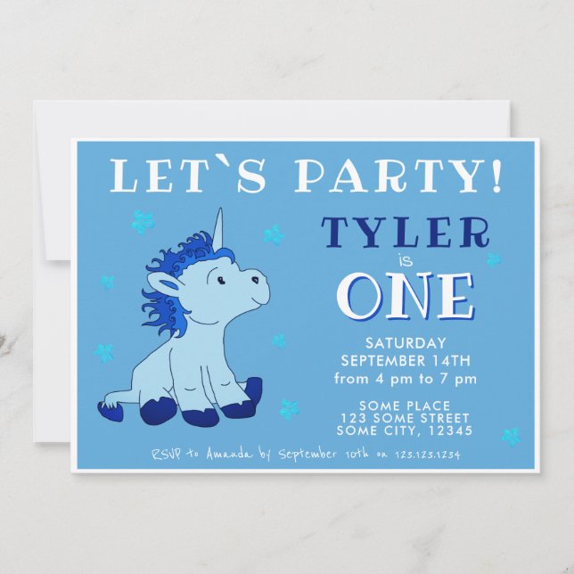 Invitation Cute Blue Unicorn 1er anniversaire (Devant)