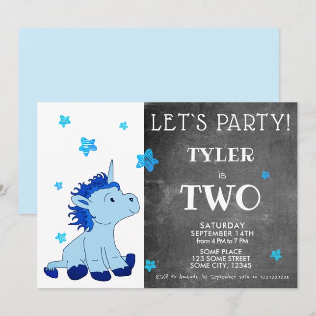 Invitation Cute Blue Unicorn 2e fête d'anniversaire (Devant / Derrière)