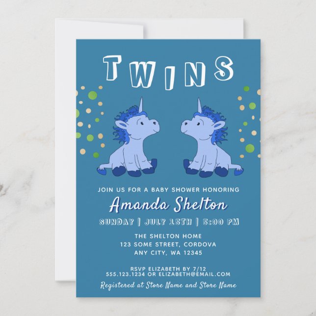 Invitation Cute Blue Unicorn Twins 2 garçons Baby shower (Devant)