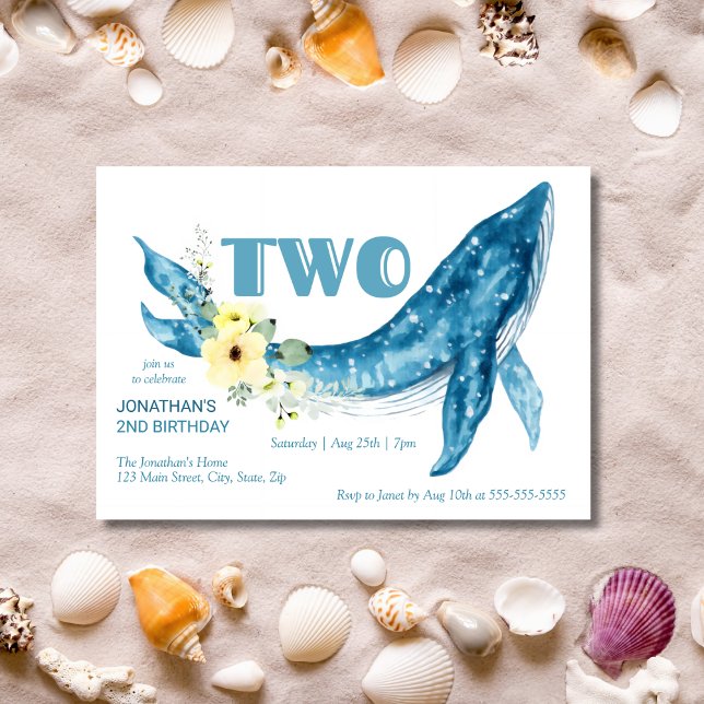 Invitation Cute Blue Whale Jaune Floral 2e fête d'anniversair (Créateur téléchargé)