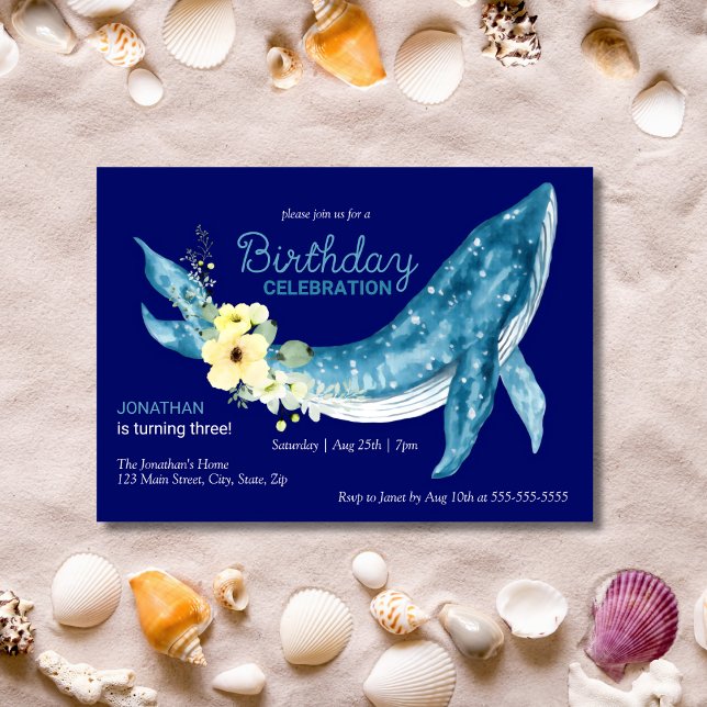 Invitation Cute Blue Whale Jaune Floral Navy fête d'anniversa (Créateur téléchargé)