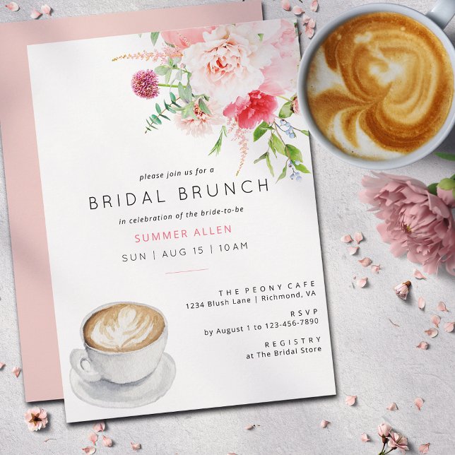 Invitation Cute Blush Pink Café Jardin de pivoine Brunch nupt (Créateur téléchargé)