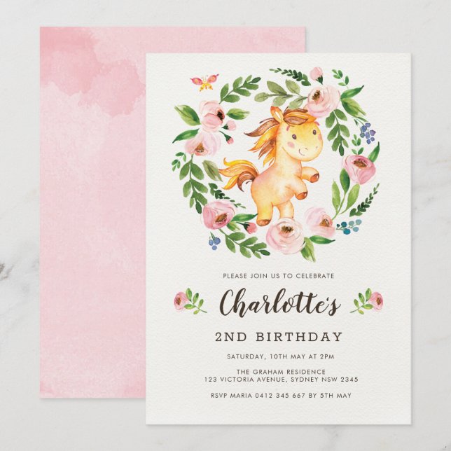 Invitation Cute Blush Rose Floral Cheval Pony Girl Anniversai (Devant / Derrière)