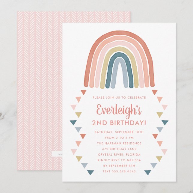 Invitation Cute Boho Aquarelle Arc-en-ciel Anniversaire Corai (Devant / Derrière)