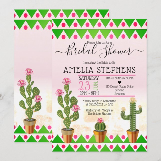 Invitation Cute Boho Chic Cactus Fête des mariées tribale (Devant / Derrière)