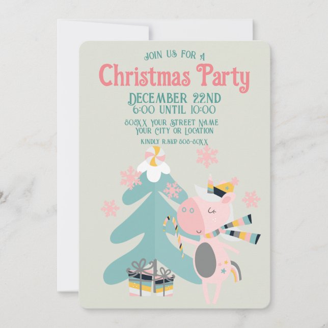 Invitation Cute Boho Christmas Unicorne sur Sage (Devant)