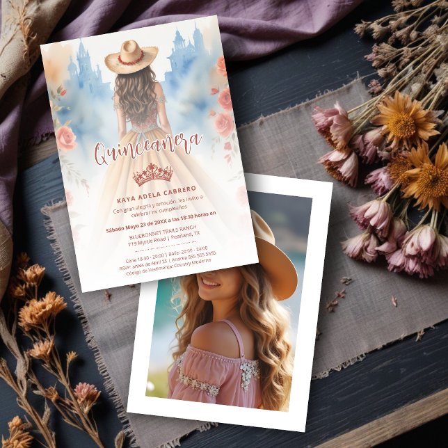 Invitation Cute Boho Cowgirl Charming Quinceañera with (Cute Boho Cowgirl Charming Quinceañera with Hat Invitation Cards in Spanish with Back Custom Photo.)