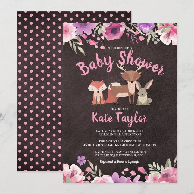 Invitation Cute Bois Animaux Baby shower Floral rose (Devant / Derrière)