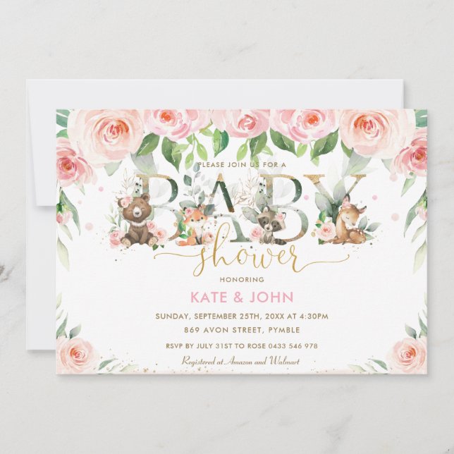 Invitation Cute Bois Animaux Rose Floral Baby shower Girl (Devant)