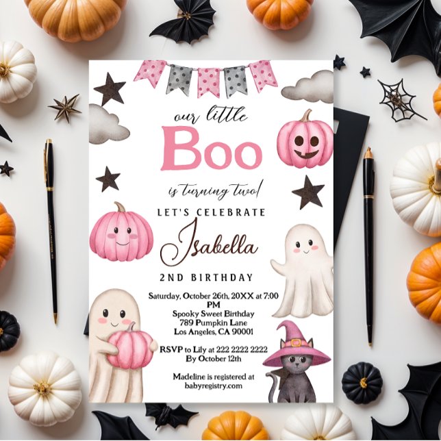 Invitation cute boo party pink ghost – Halloween 2nd birthday (Créateur téléchargé)