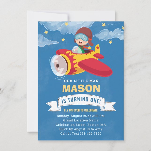 Invitation Cute Boy Avion 1er fête d'anniversaire (Devant)