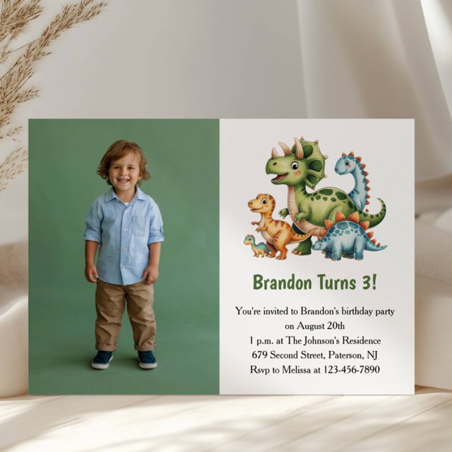 Invitation Cute Boy Dinosaur Photo Kids 3rd Birthday Party (Créateur téléchargé)