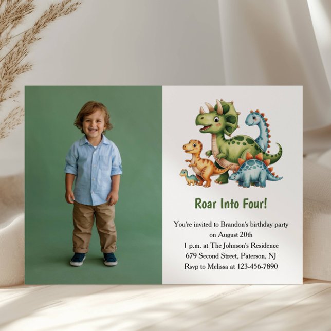 Invitation Cute Boy Dinosaur Photo Kids 4th Birthday Party (Créateur téléchargé)