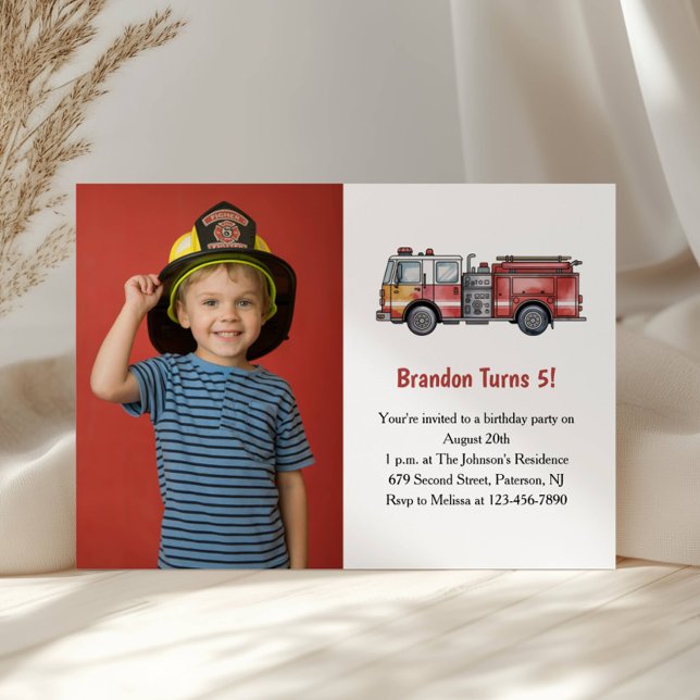 Invitation Cute Boy Firefighter Photo Anniversaire de enfant  (Créateur téléchargé)