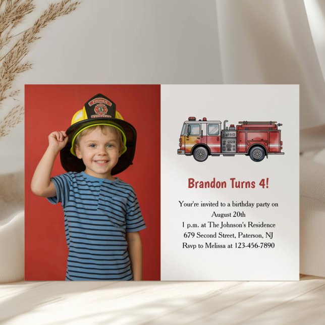 Invitation Cute Boy Firefighter Photo Kids 4th Birthday Party (Créateur téléchargé)