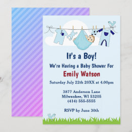 Invitation Cute Boy sur Clothesline Boho Baby shower