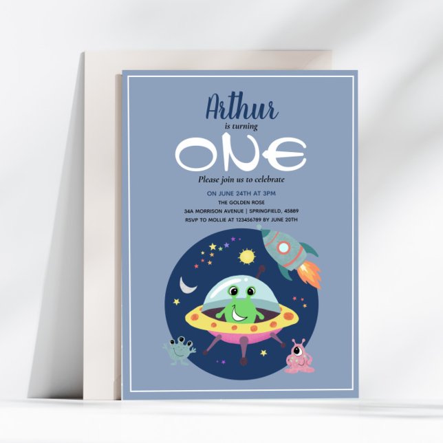Invitation Cute Boys Blue Space Alien Galaxy 1er anniversaire (Créateur téléchargé)