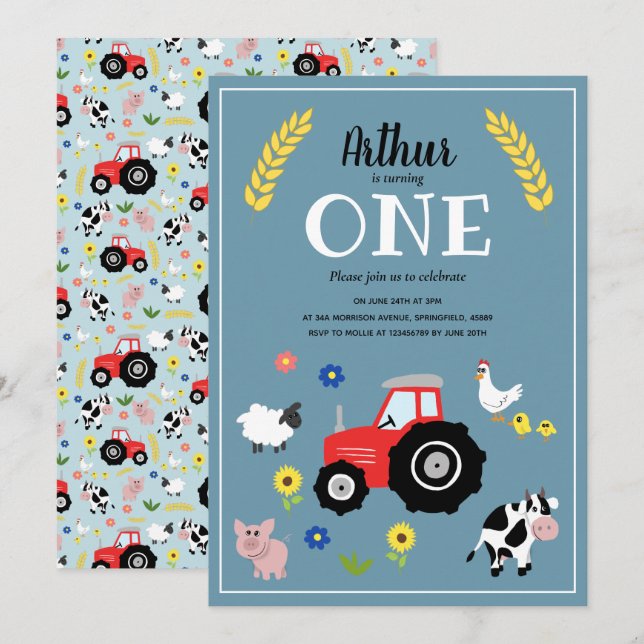 Invitation Cute Boys Farm Animaux & Red Tractor 1er anniversa (Devant / Derrière)