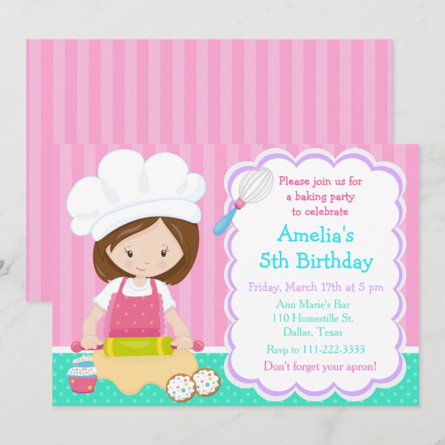 Invitation Cute Brunette Fille Baking Anniversaire (Devant / Derrière)