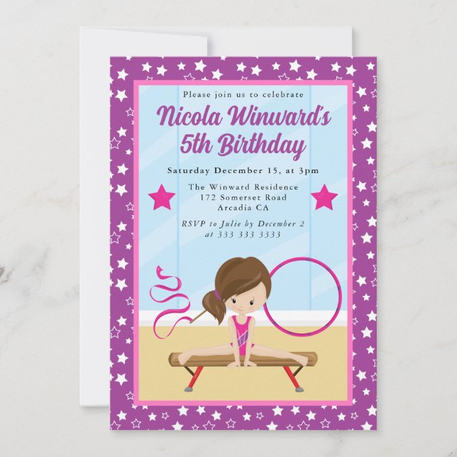 Invitation Cute Brunette Haired Girl Gymnast Anniversaire de  (Devant)