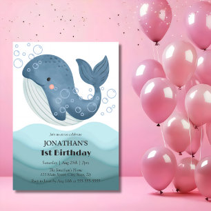 Invitation Cute Bubble Whale Ocean Wave Anniversaire