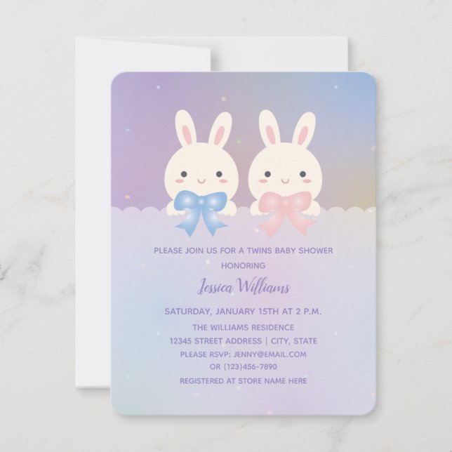 Invitation Cute Bunnies Twins Baby Boy and Girl Baby shower (Devant)
