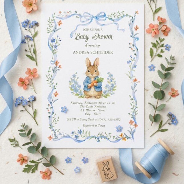 Invitation Cute Bunny Boy Floral Blue Bow Baby Shower (Créateur téléchargé)