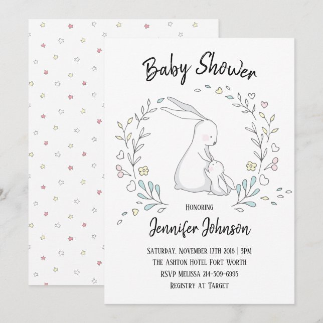 Invitation Cute Bunny Mama et Baby shower (Devant / Derrière)