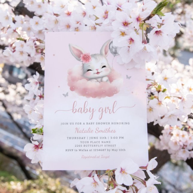 Invitation Cute Bunny rose Aquarelle Boho Baby shower fille (Créateur téléchargé)