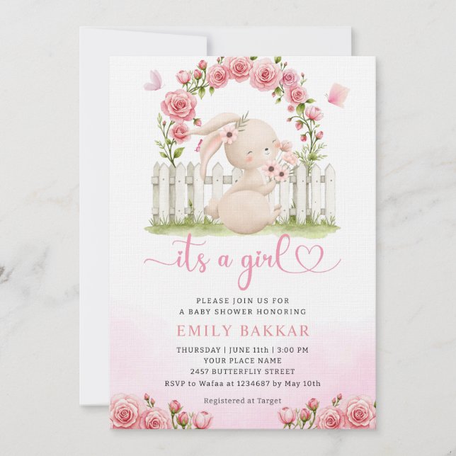 Invitation Cute Bunny rose Aquarelle Boho Baby shower fille (Devant)