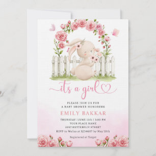 Invitation Cute Bunny rose Aquarelle Boho Baby shower fille