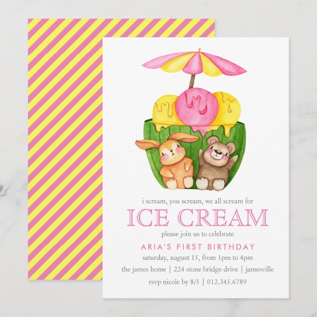 Invitation Cute Bunny Teddy Bear Crème de glace 1ère fête d'a (Devant / Derrière)
