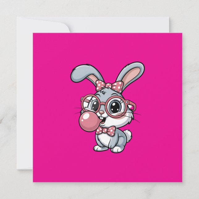 Invitation Cute Bunny with Glasses Blowing Bubble Gum (Devant)