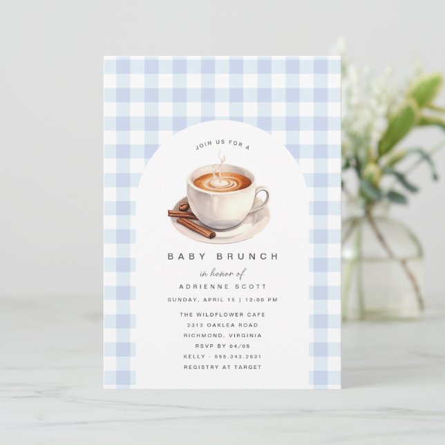 Invitation Cute Café Bleu En vichy Baby shower garçon Brunch (Debout devant)