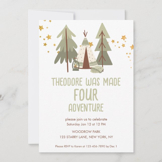 Invitation Cute Camping Adventure Quatrième anniversaire (Devant)