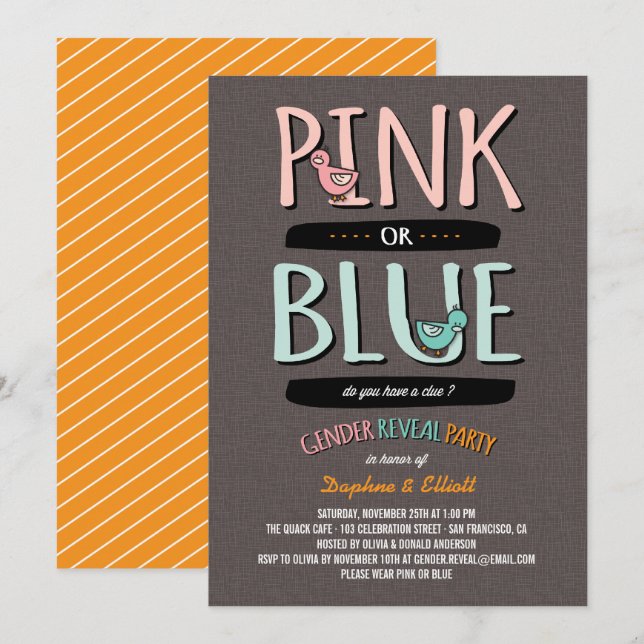 Invitation Cute Canards Rose ou Bleu Bébé Genre Revey Party (Devant / Derrière)