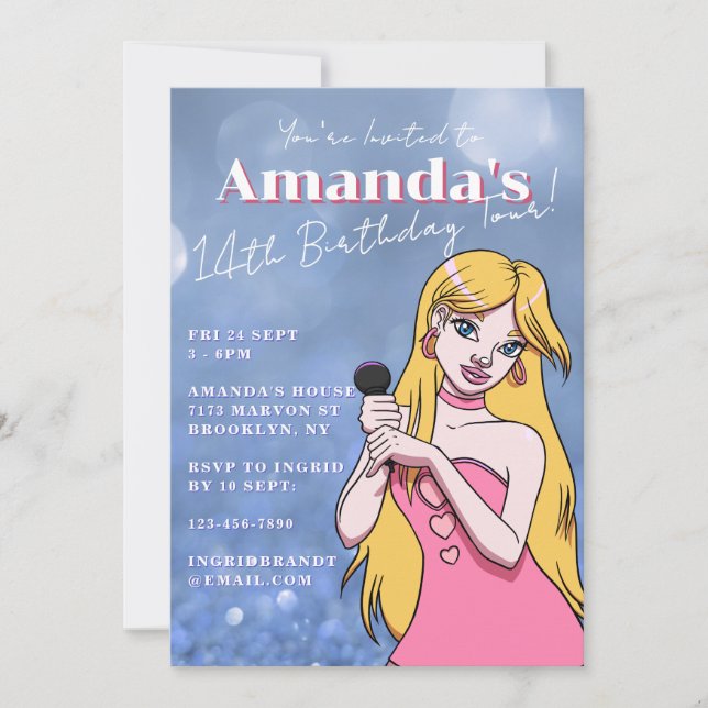 Invitation Cute Cartoon Pop Music Bleu 14e anniversaire (Devant)