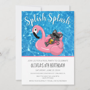 Invitation Cute Cat Flamant rose Enfants Piscine fête Anniver