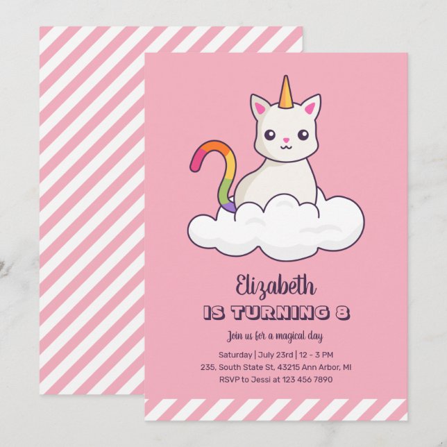 Invitation Cute Cat Unicorn sur Cloud Girl Anniversaire (Devant / Derrière)