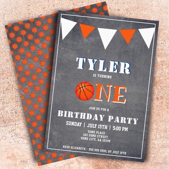 Invitation Cute Chalkboard Basketball 1er anniversaire (Créateur téléchargé)