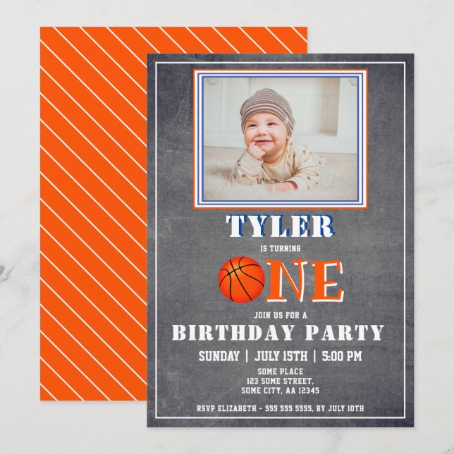 Invitation Cute Chalkboard Basketball Photo 1er anniversaire (Devant / Derrière)