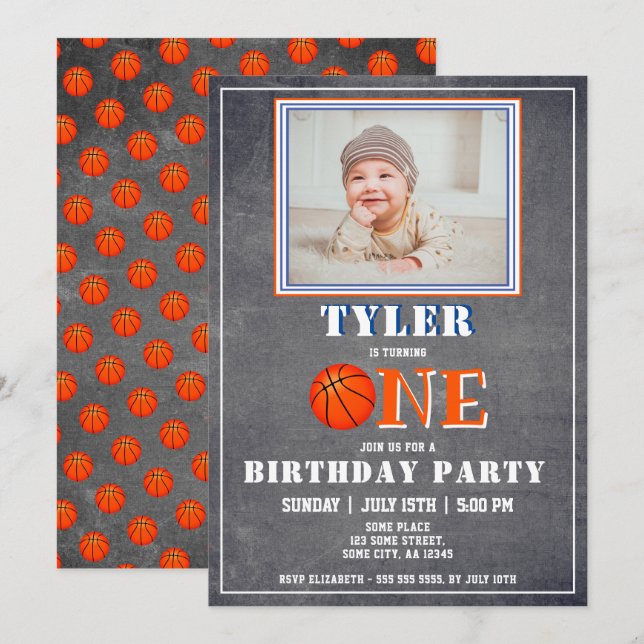 Invitation Cute Chalkboard Basketball photo 1er anniversaire (Devant / Derrière)