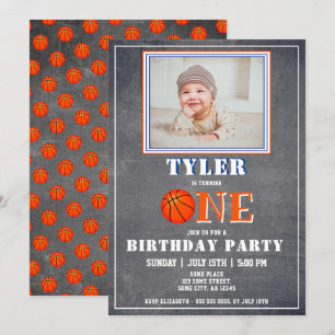 Invitation Cute Chalkboard Basketball photo 1er anniversaire