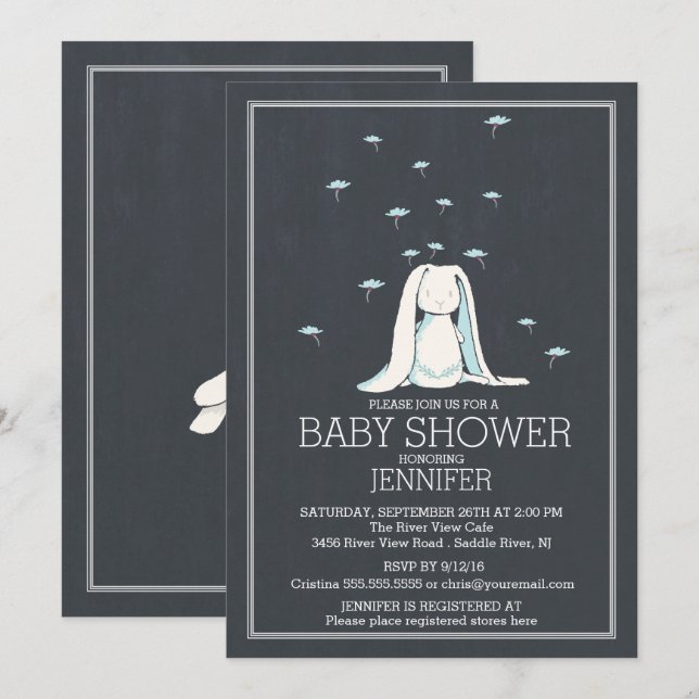 Invitation Cute Chalkboard Sweet Blue Boys Bunny Baby shower (Devant / Derrière)