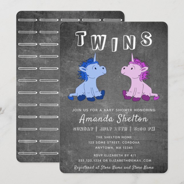 Invitation Cute Chalkboard Unicorn Boy Girl Twins Baby shower (Devant / Derrière)