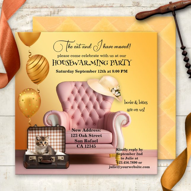 Invitation Cute Chat Boho Chic Houseécher Party (Boho chic housewarming party invitation for cat lovers in a fun sunny artistic style)