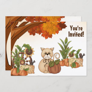 Invitation Cute Chat et Citrouille Automne Anniversaire