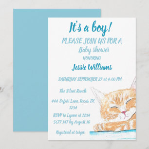 Invitation Cute Chat Kitty Kitten Bleu animal Bébé garçon